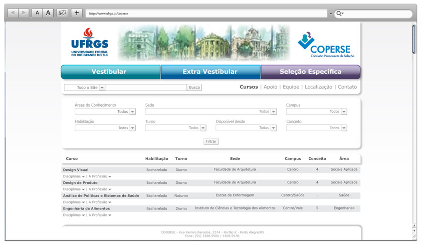 Página de Cursos no site da comissão de seleção da UFRGS